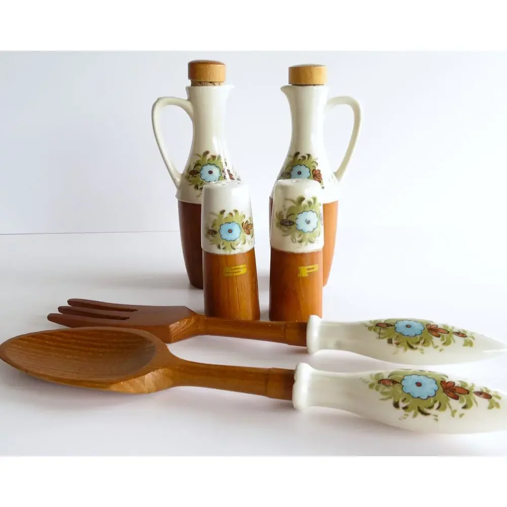 Vintage 6 Pc Salad Set Japan Wood Ceramic Kresge Oil Vinegar Salt Pepper MCM
